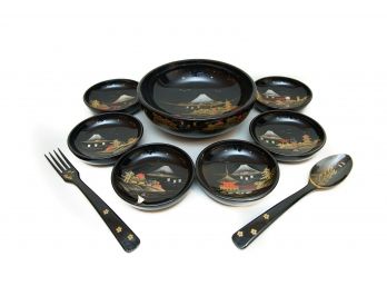 Set Of Japanese Lacquerware Dishes W Hand Painted Design