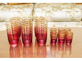 Set Of 12 Vintage Cranberry To Clear Drinking Glasses W Gold Toned Painted Striped Design