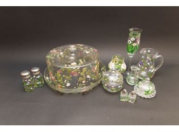 Collection Of Hand Painted Glass Servingware & Tabletop Accessories In Floral Motif
