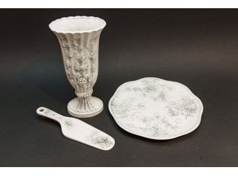Japanese Ceramic Vase, Cake Plate And Serving Utensil W Grape Vine Relief Design