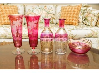 Collection Of 5 Vintage Cranberry Glass Decanters, Vases And Bowl
