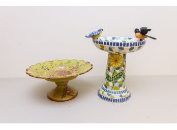 Decorative Mosaic Birdbath & Painted Ceramic Pedestal Dish