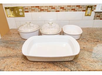 4 White Ceramic Serving Dishes With 2 Glass Lids