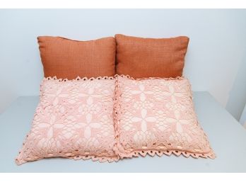 4 Decorative Accent Pillows - 2 With Crochet Lace Overlay