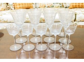 Set Of 13 Vintage Etched Glass Wine & Cordial Goblets