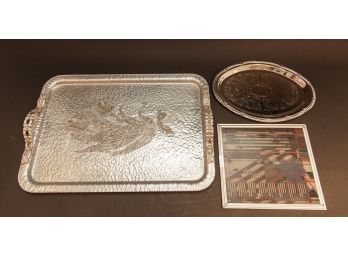 Framed Abstract Artwork Marked Frank Lloyd Wright & Vintage Silver Toned Serving Trays
