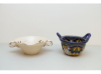 Hand Painted Pottery Bowls W Side Handles