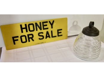 Vintage Beehive Glass Honey Jug With Honey Sign