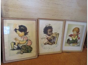 Trio Of Vintage Little Boy And Girls Lithographs