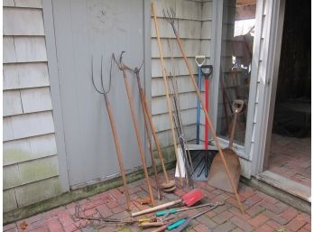 Vintage Garden Tools Fruit Picker, Pitch Fork, Shovels, Clippers