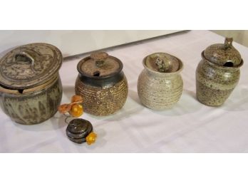 4 Honey Pottery Pots And Bee