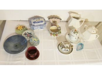 Ironstone, Saucers, Enamel Pieces, Bud Vase And Soap Dish