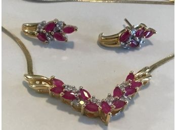 14 K Gold, Ruby With Diamond Accent Necklace And Ear Rings