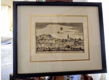 Original 1800s Historic Etching Map Of 'Tubingen Castle' In Germany. New Frame