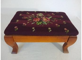 Vintage Foot Stool With Needlepoint Upholstery.