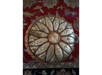 Rare Vintage Leather Round Ottoman Pouf Stool, Egyptian Inspired