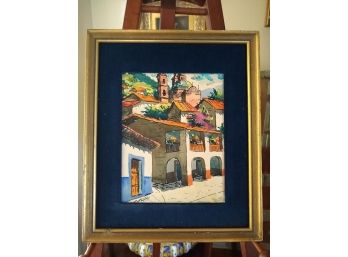 Vintage Fine Acrylic Painting On Paper 'Spanish Street' Signed By Cervantes