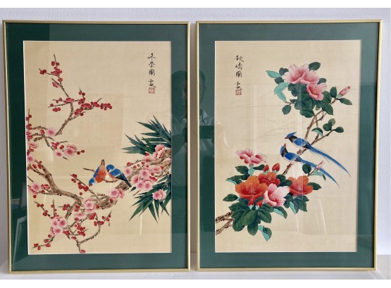 Two Vintage Framed Japanese Bird Drawings 19' X 2 6 1/2'