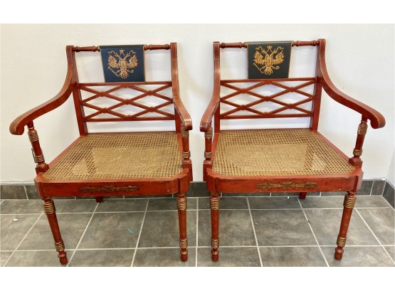 Lovely Pair Italian Red Wood Chairs With Cane Seats