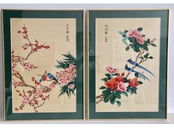 Two Vintage Framed Japanese Bird Drawings 19' X 2 6 1/2'