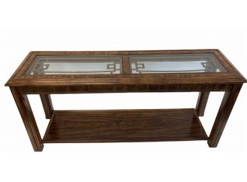 Asian Inspired Long Sofa Table, Parquet Wood & Glass Inserts 54' X 16' X 25'