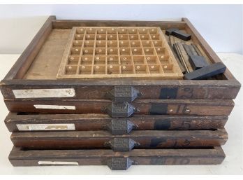 Set Of Five Antique Printing Type Wood Trays