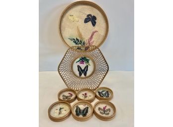 Lot Of Vintage Bamboo & Butterfly  Tray, Bowl + Coasters