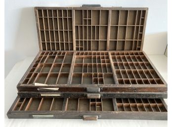 Set Of Four Antique Printing Type Divided Wood Trays
