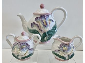 Vintage Fitz & Floyd Iris Teapot, Sugar & Creamer
