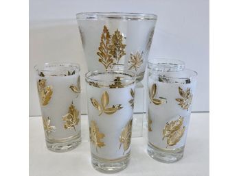 Set Of 4 MCM Leaf Glasses & Ice Bucket