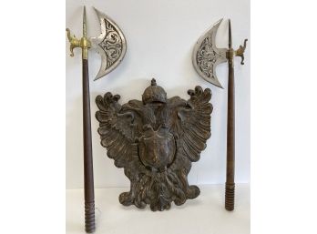 Vintage Medieval Spanish Axe Weapons + Coat Of Arms Wall Plaque