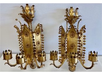 Stunning Pair Of Tall Vintage Hollywood Regency Candle Wall Sconces