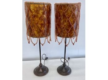Pair Of Quality Beaded Tortoise Shade Accent Lamps