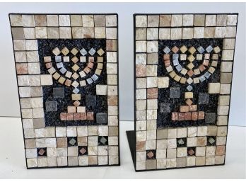 Rare Vintage Judaica Eilan 1960s Mosaic Menorah Bookends