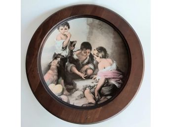 Large Schuman Arzberg Bavaria Decorative Wood Framed Round Wall Hanging Plate Children Playing A Dice Game
