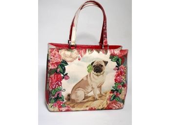 Designer Isabella Fiore Sequin And Bling Red Floral And Pug With Rhintsone Collar & Bow Handbag Tote