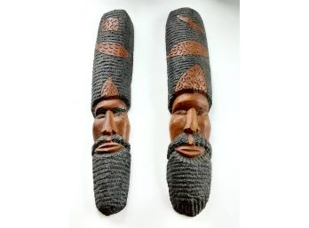 Pair Of Hand Carved Wooden Ethnic Tribal Faces Wall Hanging Decorations