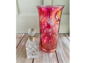 Pink Etched Vase And Vintage Perfume Bottle