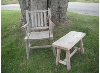 Weathered White Cedar Arm Chair And Small Table/bench