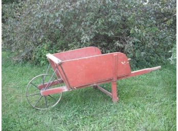 Antique Wood Wheelbarrow With Metal Wheel