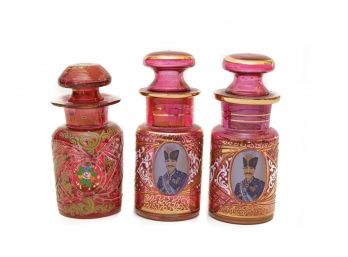 Set 3 Vintage Qajar Style Gilt Enameled Cranberry Glass Lidded Vessels