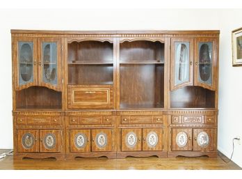 Wood Tone Modular Wall Unit With Frosted Glass Door Panels