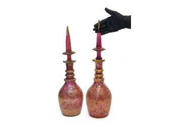 Stunning!! Vintage Moser Style Persian Bohemian Glass Decanters W Gilt Design