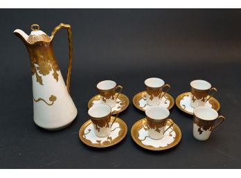 Vintage White Porcelain Tea Set With Gilt Floral & Vine Painted Design - Marked On Underside
