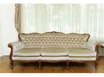 Vintage French Style Tufted Three Seat Sofa With Double Welting & Carved Wooden Frame