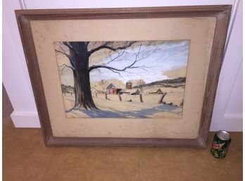 Vintage Watercolor Signed By Manuel J. Sylvia Winter Scene With Red Barn, House, Snow And Trees.