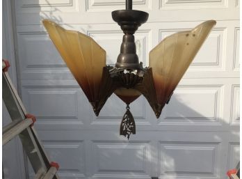Antique Art Deco 5 Light Hanging Light Fixture With Glass Shades. Rewired.