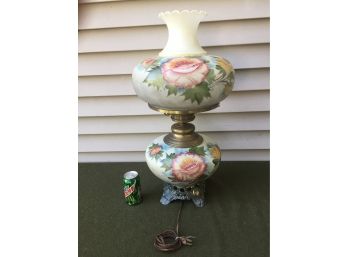 Huge Antique Hurricane Lamp Beautifully Hand Painted With Flowers. Converted To Electric.27' Tall
