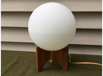 Mid Century Modern MCM Wood Teak Base Table Lamp Wiith Round Glass Globe.