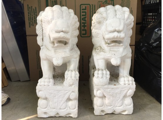 Pair Of Large Stone / Marble Carved Lions / Chinese Foo Dogs